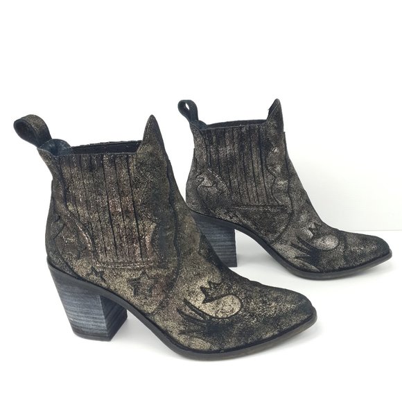 Wittner Wasson Suede Cowboy Boot Black Gold Sparkle Star Block Heel Size 37 - Picture 7 of 13